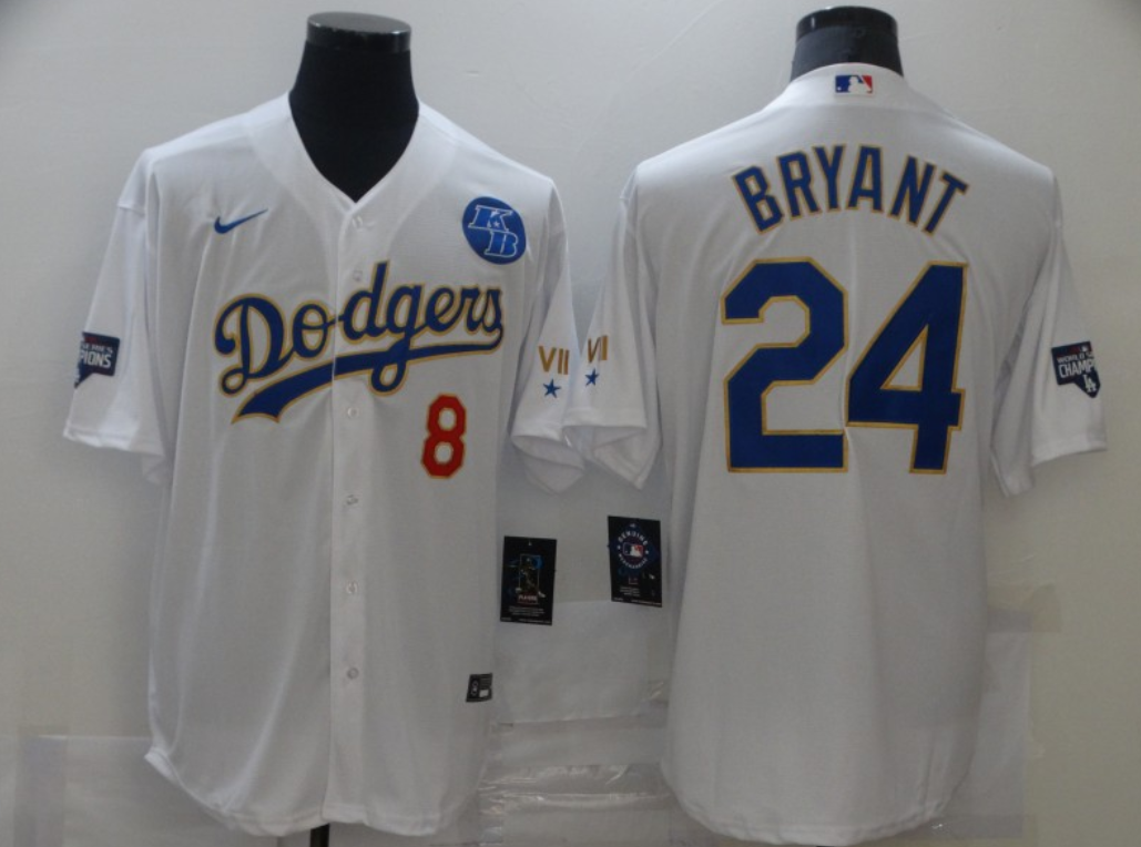 Men's Los Angeles Dodgers Front #8 Back #24 Kobe Bryant With KB Patch White Gold Championship Cool Base Stitched Jersey Men's Los Angeles Dodgers Front #8 Back #24 Kobe Bryant With KB Patch White Gold Championship Cool Base Stitched Jersey